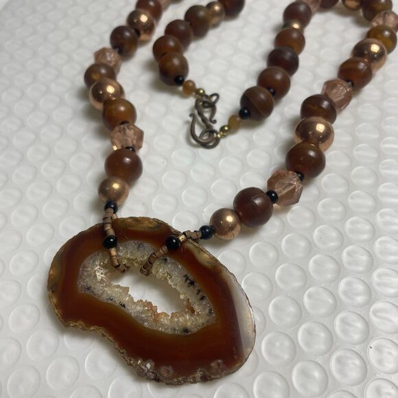 Handmade Jewelry - Agate slice geode pendant glass & metal beads handmade necklace jewelry.